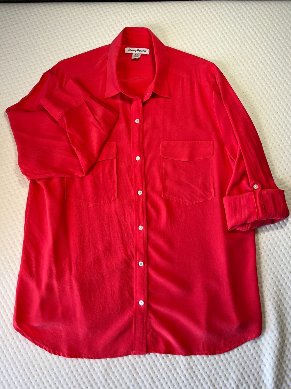 Tommy Bahama Women's Silk Cargo Pocket Shirt Coral Size L Roll Tab Sleeves